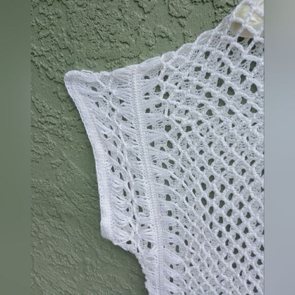 NWT ALLEGRA Gorgeous White Knit See-Thru Round Neck Cover-up w/Tassels Large - Picture 5 of 10